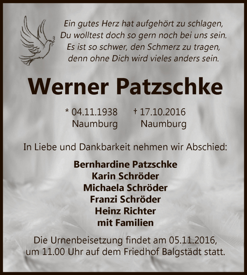  Traueranzeige für Werner Patzschke vom 26.10.2016 aus WVG - Wochenspiegel NMB / WSF / ZTZ