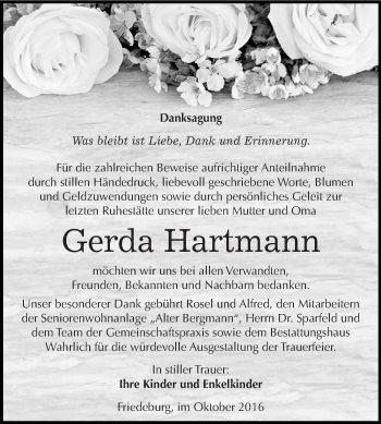 Traueranzeige von Gerda Hartmann von Super Sonntag SGH Mansf. Land