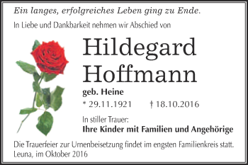 Traueranzeige von Hildegard Hoffmann von WVG - Wochenspiegel Merseburg