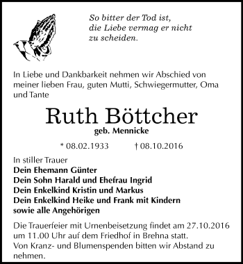 Traueranzeige von Ruth Böttcher von Mitteldeutsche Zeitung Bitterfeld