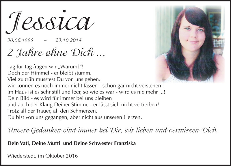  Traueranzeige für Jessica Porth vom 22.10.2016 aus Mitteldeutsche Zeitung Mansfelder Land