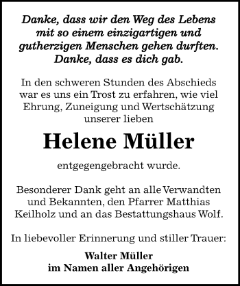 Traueranzeige von Helene Müller von Mitteldeutsche Zeitung Zeitz