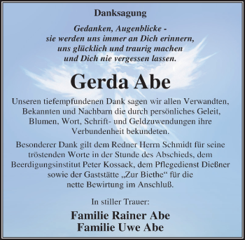Traueranzeige von Gerda Abe von Mitteldeutsche Zeitung Dessau-Roßlau