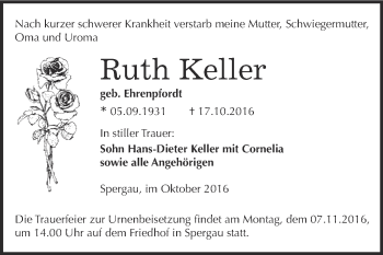 Traueranzeige von Ruth Keller von Super Sonntag Merseburg