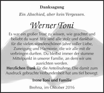 Traueranzeige von Werner Toni von WVG - Wochenspiegel Bitterfeld