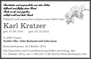 Traueranzeige von Karl Kratzer von Mitteldeutsche Zeitung Mansfelder Land