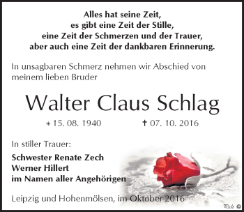 Traueranzeige von Walter Claus Schlag von Mitteldeutsche Zeitung Weißenfels