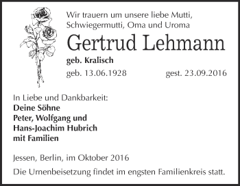 Traueranzeige von Gertrud Lehmann von Super Sonntag Wittenberg