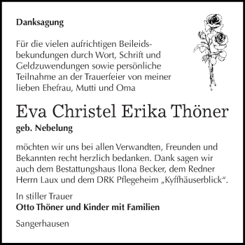 Traueranzeige von Eva Christel Erika Thöner von WVG - Wochenspiegel SGH