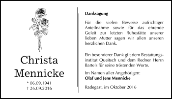 Traueranzeige von Christa Mennicke von Mitteldeutsche Zeitung Köthen