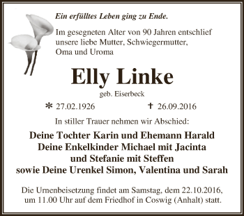 Traueranzeige von Elly Linke von WVG - Wochenspiegel Dessau / Köthen