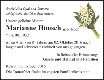 Traueranzeige von Marianne Hönsch von WVG - Wochenspiegel SGH