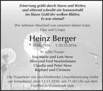 Traueranzeige von Heinz Berger von Super Sonntag Wittenberg