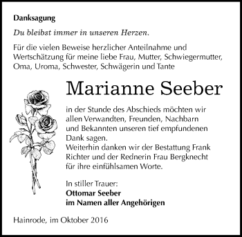 Traueranzeige von Marianne Seeber von Mitteldeutsche Zeitung Sangerhausen