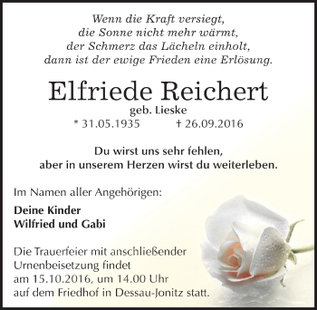 Traueranzeige von Elfriede Reichert von Mitteldeutsche Zeitung Dessau-Roßlau