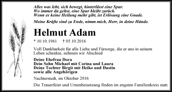 Traueranzeige von Helmut Adam von Mitteldeutsche Zeitung Aschersleben