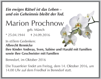 Traueranzeige von Marion Prochnow von Wochenspiegel Mansfelder Land