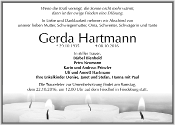 Traueranzeige von Gerda Hartmann von Mitteldeutsche Zeitung Mansfelder Land