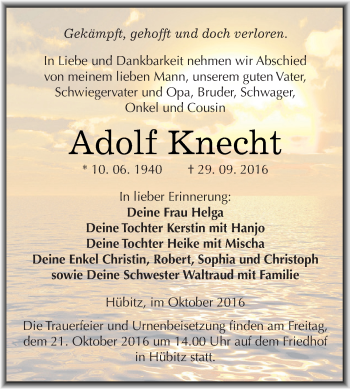 Traueranzeige von Adolf Knecht von Super Sonntag SGH Mansf. Land