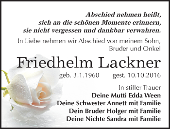 Traueranzeige von Friedhelm Lackner von Mitteldeutsche Zeitung Merseburg/Querfurt