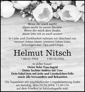 Traueranzeige von Helmut Nitsch von Mitteldeutsche Zeitung Bitterfeld