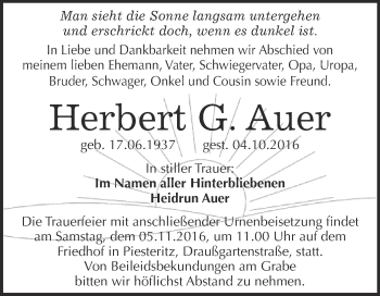 Traueranzeige von Herbert  Auer von Super Sonntag Wittenberg