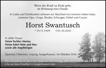 Traueranzeige von Horst Swantusch von Mitteldeutsche Zeitung Sangerhausen
