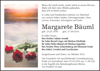 Traueranzeige von Margarete Bäuml von Mitteldeutsche Zeitung Sangerhausen