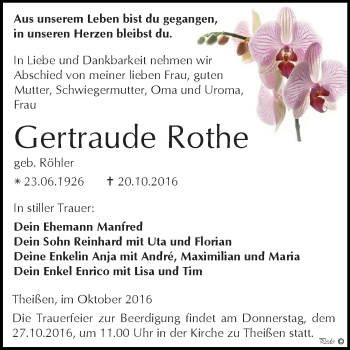 Traueranzeige von Gertraude Rothe von Super Sonntag Zeitz