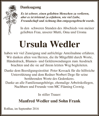 Traueranzeige von Ursula Wedler von WVG - Wochenspiegel Dessau / Köthen