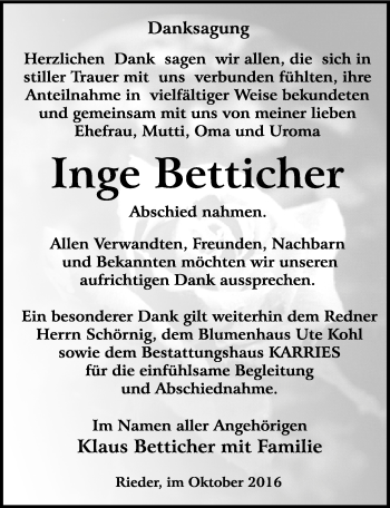 Traueranzeige von Inge Betticher von Mitteldeutsche Zeitung Quedlinburg