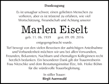 Traueranzeige von Marlen Eiselt von WVG - Wochenspiegel Dessau / Köthen
