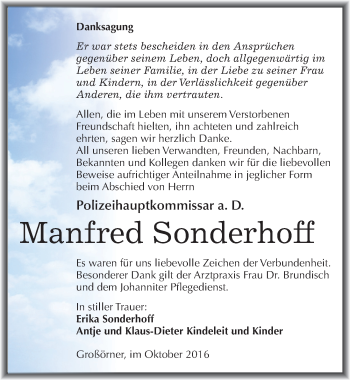 Traueranzeige von Manfred Sonderhoff von Mitteldeutsche Zeitung Mansfelder Land