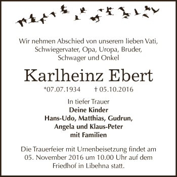 Traueranzeige von Karlheinz Ebert von WVG - Wochenspiegel Dessau / Köthen