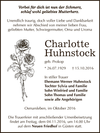 Traueranzeige von Charlotte Huhnstock von Super Sonntag Bernburg