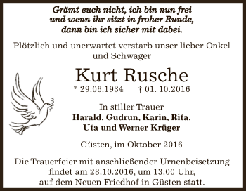 Traueranzeige von Kurt Rusche von Super Sonntag Bernburg