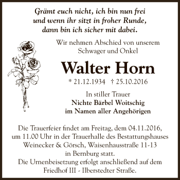 Traueranzeige von Walter Horn von Super Sonntag Bernburg