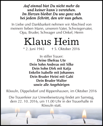 Traueranzeige von Klaus Heim von WVG - Wochenspiegel NMB / WSF / ZTZ