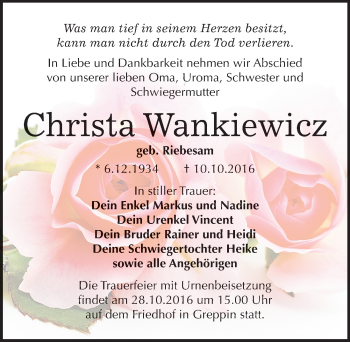 Traueranzeige von Christa Wankiewicz von Mitteldeutsche Zeitung Bitterfeld
