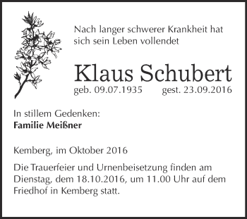 Traueranzeige von Klaus Schubert von WVG - Wochenspiegel Wittenberg