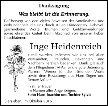 Traueranzeige von Inge Heidenreich von Mitteldeutsche Zeitung Aschersleben