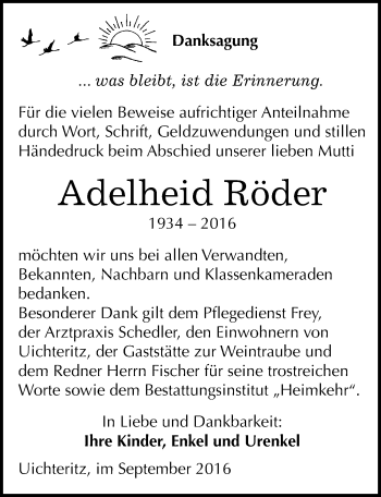 Traueranzeige von Adelheid Röder von Mitteldeutsche Zeitung Weißenfels