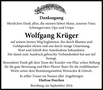 Traueranzeige von Wolfgang Krüger von Mitteldeutsche Zeitung Bernburg