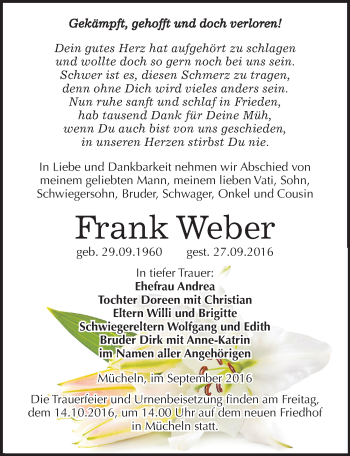 Traueranzeige von Frank Weber von Mitteldeutsche Zeitung Merseburg/Querfurt