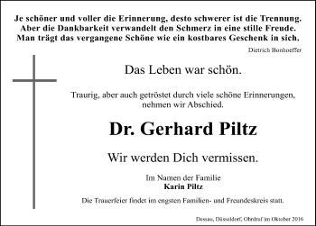 Traueranzeige von Gerhard Piltz von Mitteldeutsche Zeitung Dessau-Roßlau