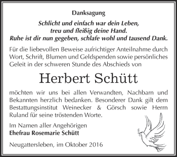 Traueranzeige von Herbert Schütt von Super Sonntag Bernburg