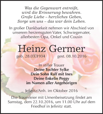 Traueranzeige von Heinz Germer von WVG - Wochenspiegel Bitterfeld