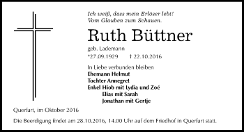 Traueranzeige von Ruth Büttner von Mitteldeutsche Zeitung Merseburg/Querfurt