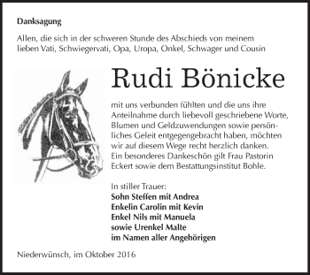 Traueranzeige von Rudi Bönicke von WVG - Wochenspiegel Merseburg