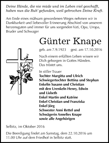 Traueranzeige von Günter Knape von Mitteldeutsche Zeitung Wittenberg